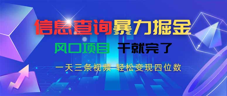 信息查询暴力掘金，一天三条视频 轻松变现四位数，风口项目干就完了-副业网