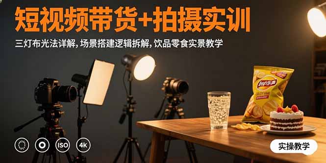 短视频带货+拍摄实训：三灯布光法详解,场景搭建逻辑拆解,饮品零食实景教学-副业网