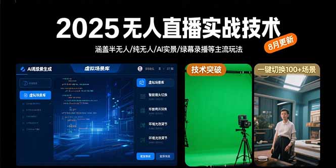 2025无人直播实战技术-8月，涵盖半无人/纯无人/AI实景/绿幕录播等主流玩法-副业网