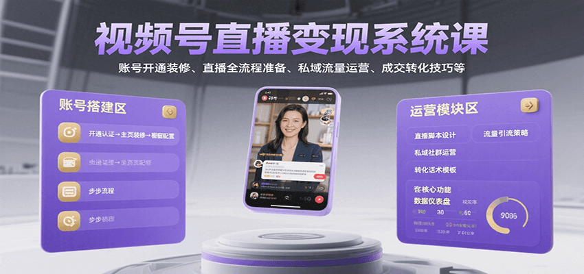 视频号直播变现系统课，账号开通装修、直播全流程准备、私域流量运营、成交转化技巧等-副业网
