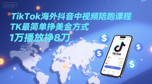 TikTok海外抖音中视频陪跑课程，TK最简单挣美金方式，1万播放挣8刀-副业网