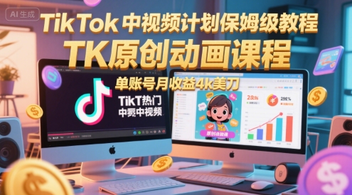 TikTok中视频计划保姆级教程，TK原创动画课程，单账号月收益4k美刀-副业网