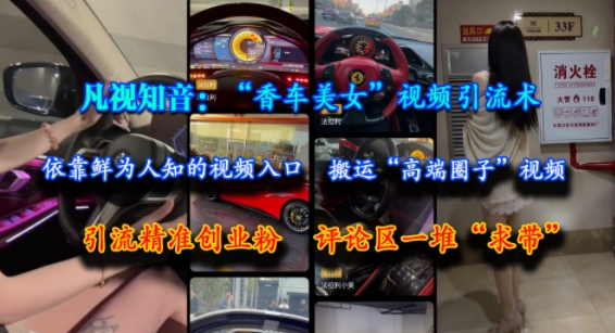 凡视知音：“香车美女”视频引流术，依靠鲜为人知的视频入口，搬运“高端圈子”视频，引流精准创业粉，评论区一堆“求带”-副业网