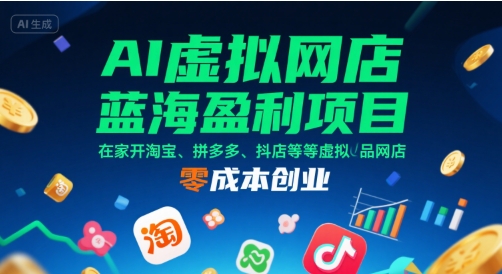 AI虚拟网店蓝海盈利项目，在家开淘宝、拼多多、抖店等虚拟品网店，零成本创业-副业网