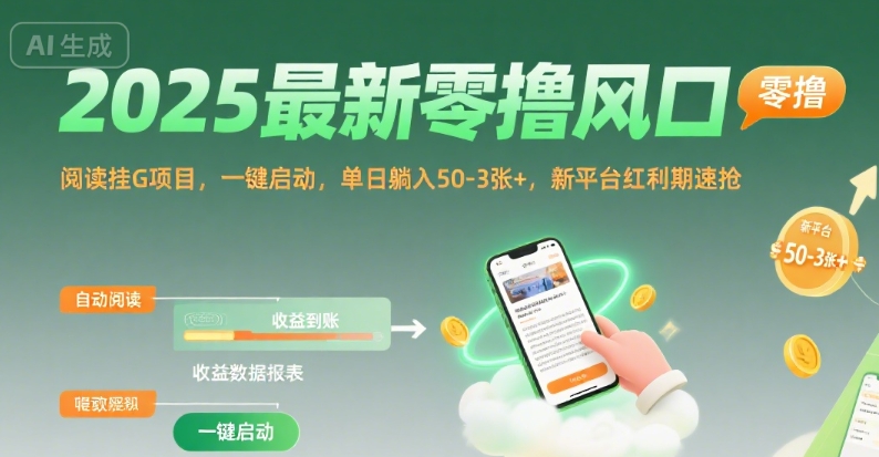 2025最新零撸风口，阅读挂G项目，一键启动，单日躺入 50-3张+，新平台红利期速抢【揭秘】-副业网