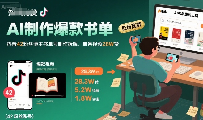 AI制作爆款书单，抖音42粉丝博主书单号制作拆解，单条视频28W赞-副业网