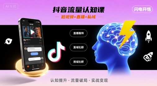 抖音流量认知课，短视频+直播+私域，认知提升，闪电开悟-副业网