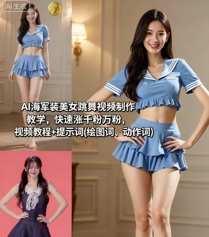 AI海军装美女跳舞视频制作教学，快速涨千粉万粉，视频教程+提示词(绘图词、动作词)-副业网