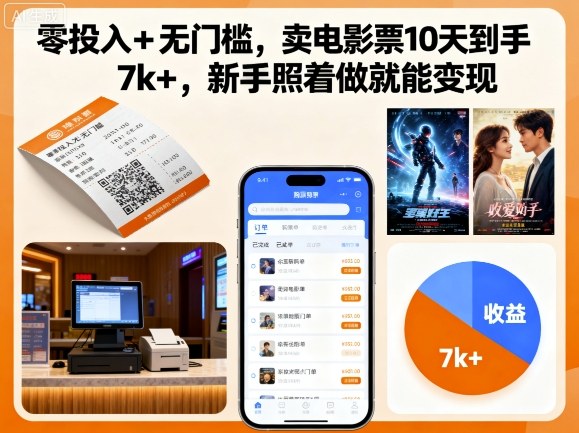 零投入+无门槛，卖电影票10天到手7k+，新手照着做就能变现【揭秘】-副业网