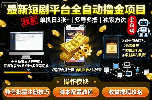 最新短剧平台全自动挂G撸金项目，单机一天3张+，多号多撸，区别于市面所有挂机项目，独家方法【揭秘】-副业网