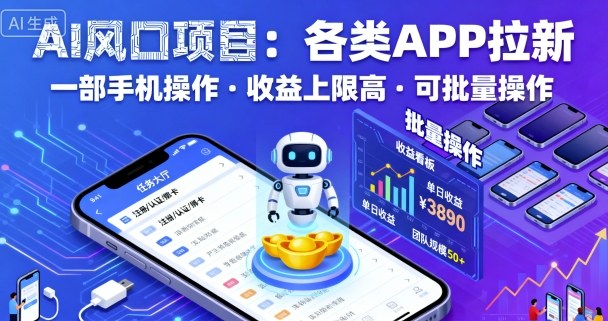 AI风口项目，各类APP拉新，一部手机就可以操作，收益上限高，可批量操作-副业网