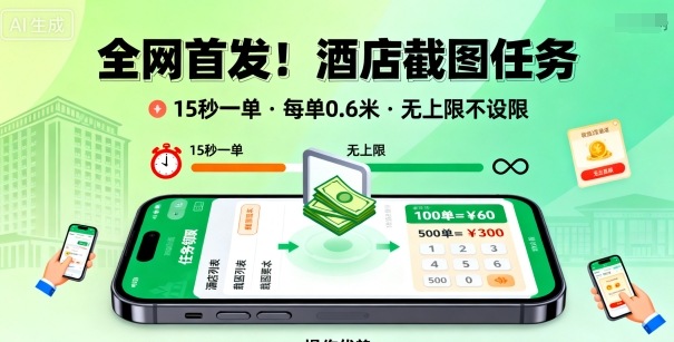 全网首发！酒店截图任务，15秒一单，每单0.6米，任务无上限不设限，矩阵操作单日3张到手【揭秘】-副业网