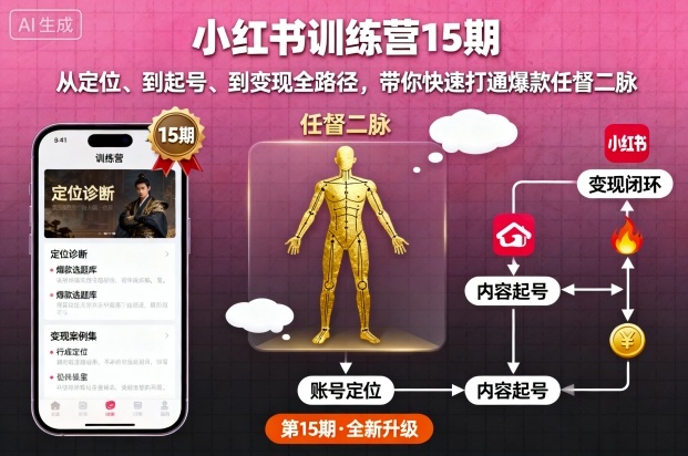 小红书训练营15期，从定位、到起号、到变现全路径，带你快速打通爆款任督二脉-副业网