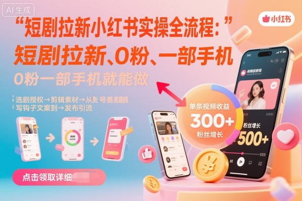 短剧拉新小红书实操全流程，0粉一部手机就可以做，详细教程-副业网