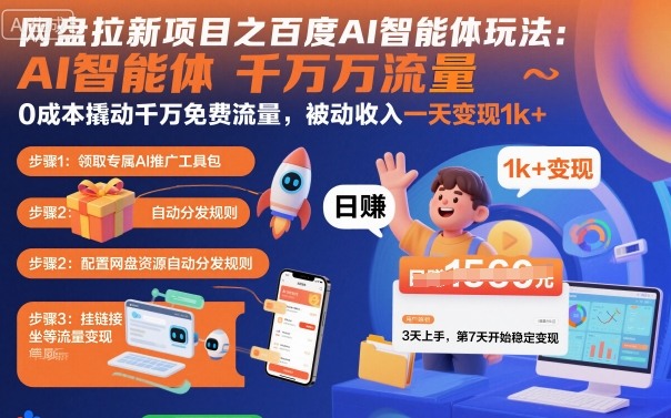 网盘拉新项目之百度Ai智能体玩法，0成本撬动千万免费流量，被动收入，一天变现1k+-副业网