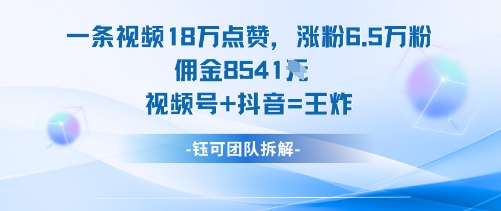一条视频18W点赞，涨粉6.5W粉佣金8541米，视频号+抖音=王炸-副业网