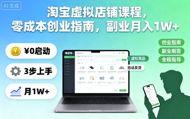 淘宝虚拟店铺课程，零成本创业指南，副业月入1W+-副业网