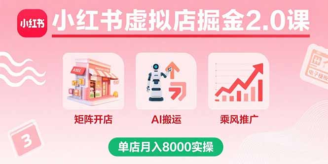 小红书虚拟店掘金2.0课，矩阵开店+AI搬运+乘风推广，单店月入8000实操-副业网