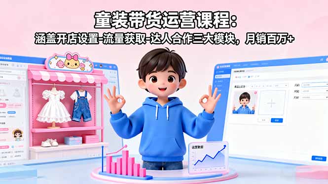 童装带货运营课程：涵盖开店设置-流量获取-达人合作三大模块，月销百万+-副业网