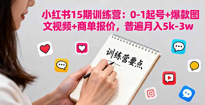 小红书15期训练营：0-1起号+爆款图文视频+商单报价，普遍月入5k-3w-副业网