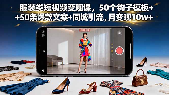 服装类短视频变现课，50个钩子模板+50条爆款文案+同城引流，月变现10w+-副业网
