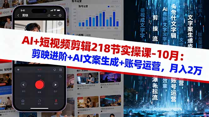 AI+短视频剪辑218节实操课-10月：剪映进阶+AI文案生成+账号运营，月入2万-副业网