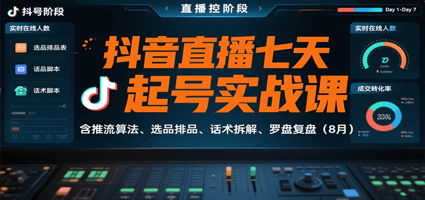 抖音直播七天起号实战课：含推流算法、选品排品、话术拆解、罗盘复盘(8月)-副业网