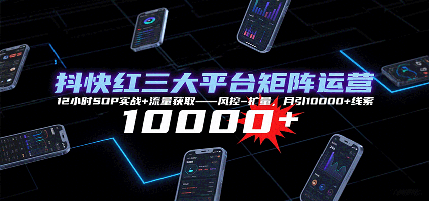 抖快红三大平台矩阵运营，12小时SOP实战+流量获取-风控-扩量，月引10000+线索-副业网