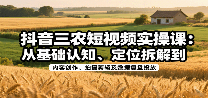 抖音三农短视频实操课：从基础认知、定位拆解到内容创作、拍摄剪辑及数据复盘投放-副业网