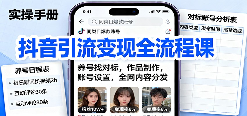 抖音引流变现全流程课：养号找对标，作品制作，账号设置，全网内容分发-副业网