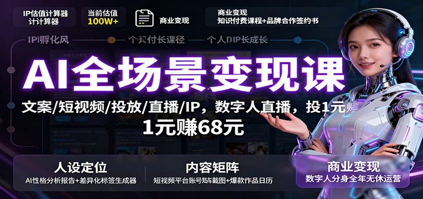 AI全场景变现课：文案/短视频/投放/直播/IP，数字人直播，投1元赚68元-副业网