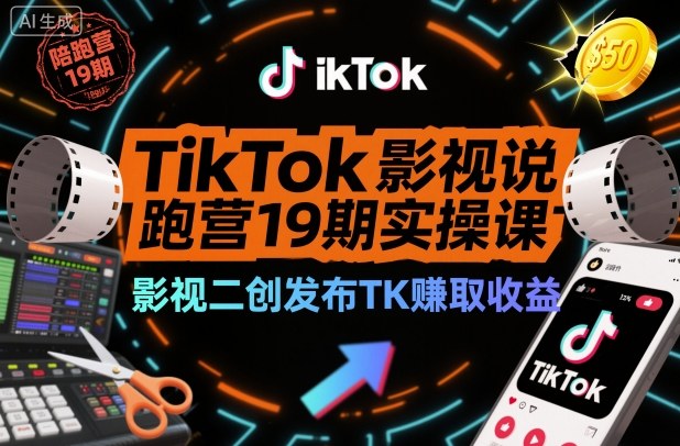TikTok影视解说陪跑营19期实操课，影视二创发布TK賺取收益，万播收益50美金-副业网