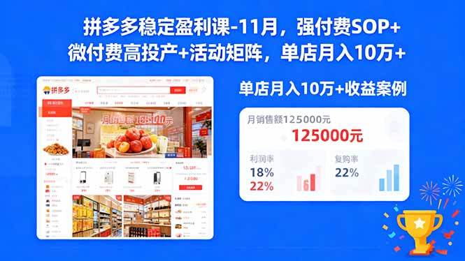 拼多多稳定盈利课-11月，强付费SOP+微付费高投产+活动矩阵，单店月入10w+-副业网