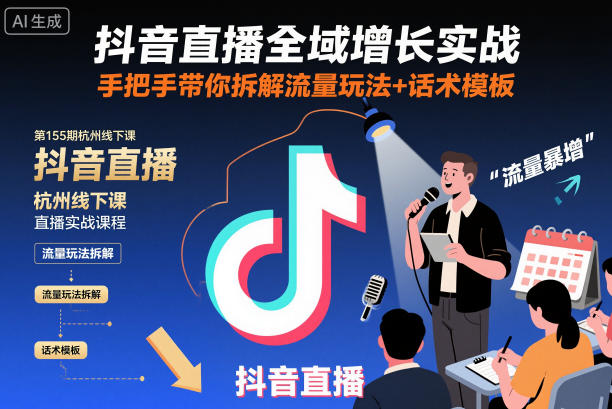 抖音直播全域增长实战第155期杭州线下课，手把手带你拆解流量玩法+话术模板-副业网