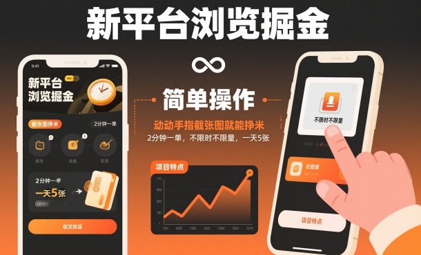 新平台浏览掘金，动动手指截张图就能挣米，2分钟一单，不限时不限量，一天5张【揭秘】-副业网