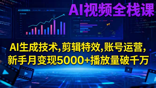 AI视频全栈课:AI生成技术,剪辑特效,账号运营,新手月变现5000+播放量破千万-副业网