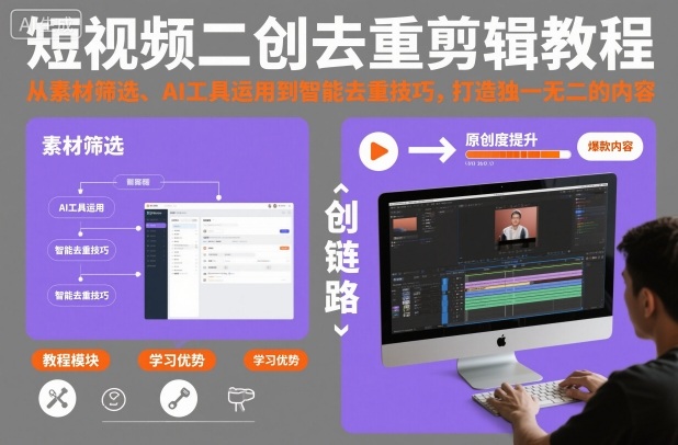 短视频二创去重剪辑教程，从素材筛选、AI工具运用到智能去重技巧，打造独一无二的内容-副业网