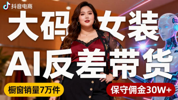 抖音小众赛道，大码女装AI反差带货，不用直播，每天6条作品，橱窗卖7万件，保守佣金30W+-副业网