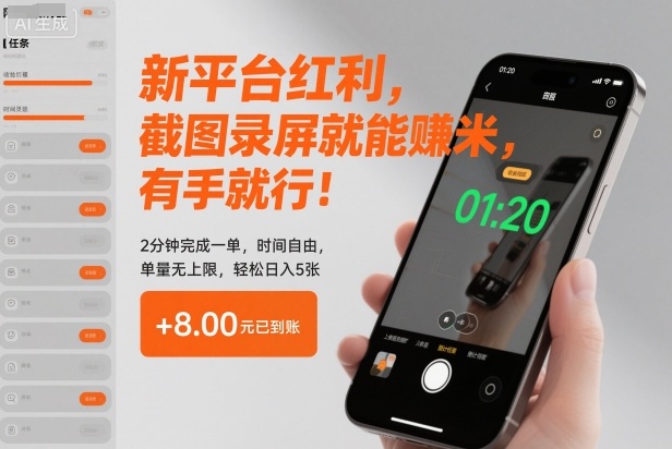 新平台红利，截图录屏就能賺米，有手就行！2分钟完成一单，时间自由，单量无上限，轻松日入5张【揭秘】-副业网