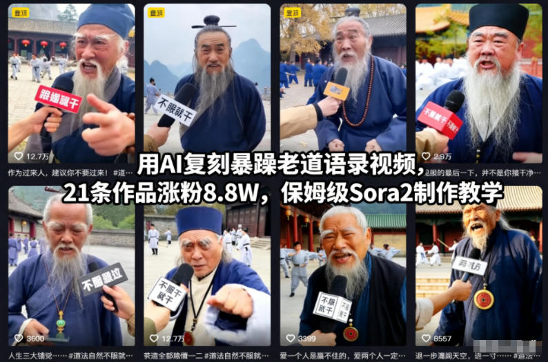用AI复刻暴躁老道语录视频，21条作品涨粉8.8W，保姆级Sora2制作教学-副业网
