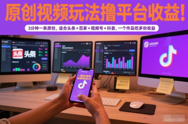 原创视频玩法撸平台收益，3分钟一条原创，适合头条+百家+视频号+抖音，一个作品吃多份收益-副业网