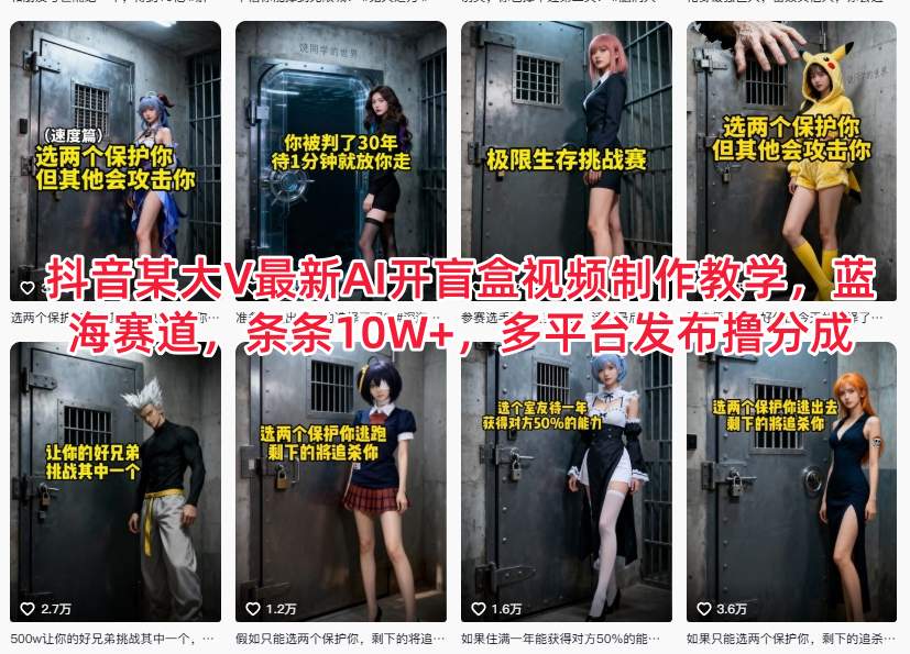 抖音某大V最新AI开盲盒视频制作教学，蓝海赛道，条条10W+，多平台发布撸分成-副业网