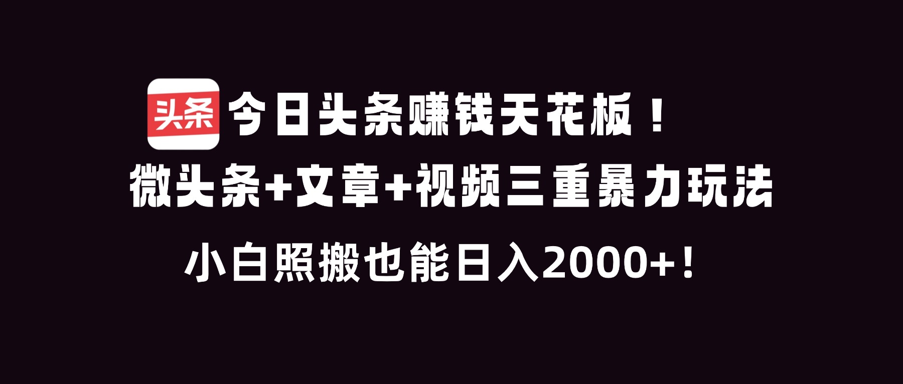 今日头条赚钱天花板！微头条+文章+视频三重暴利玩法，小白照搬也能日人2000+-副业网