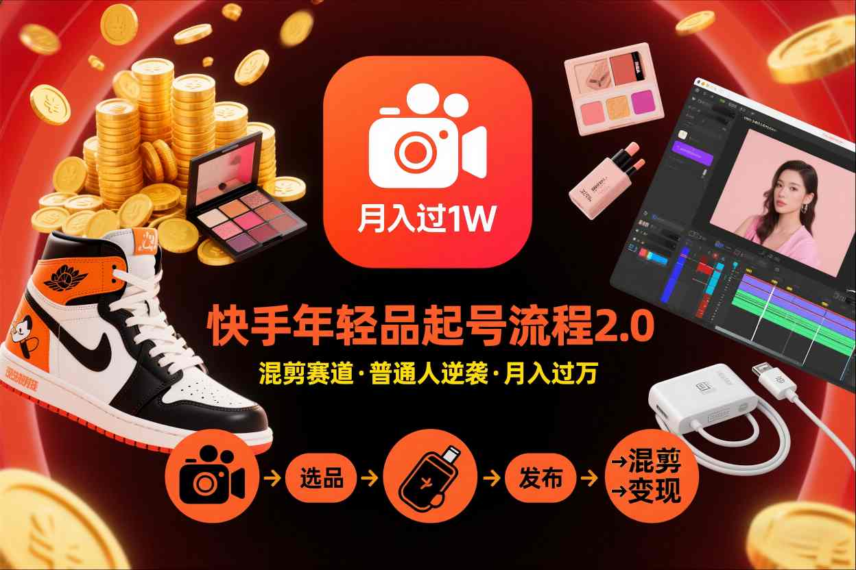 快手短视频带货年轻品起号流程2.0，快手年轻品混剪赛道，普通人也能月入过1W-副业网