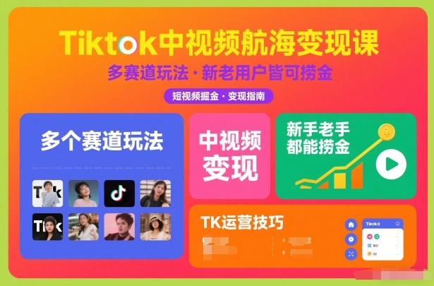 Tiktok中视频航海变现课，多个赛道玩法，新手老手都能在TK中视频捞金-副业网