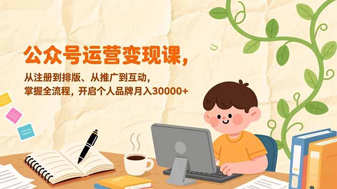 公众号运营变现课，从注册到排版、从推广到互动，掌握全流程，开启个人品牌月入30000+-副业网