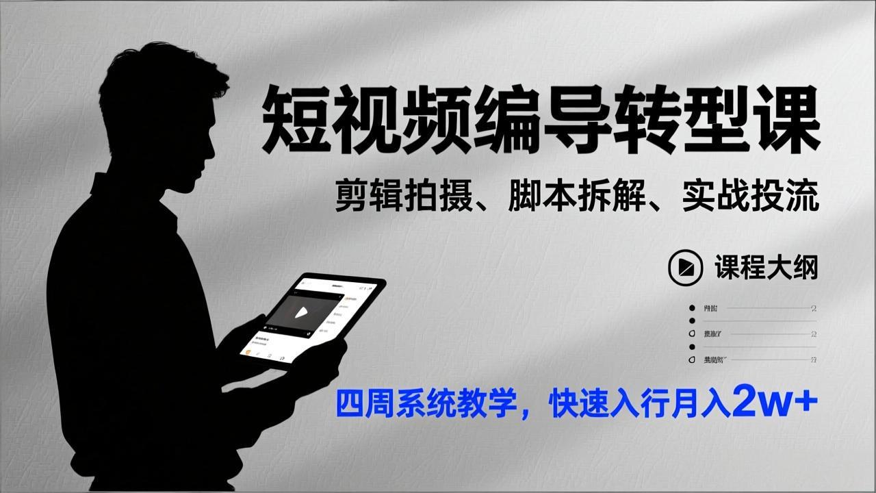 短视频编导转型课，剪辑拍摄、脚本拆解、实战投流，四周系统教学，快速入行月入2w+-副业网