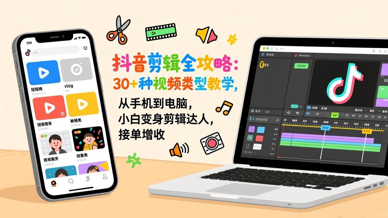 抖音剪辑全攻略：30+种视频类型教学，从手机到电脑，小白变身剪辑达人，接单增收-副业网