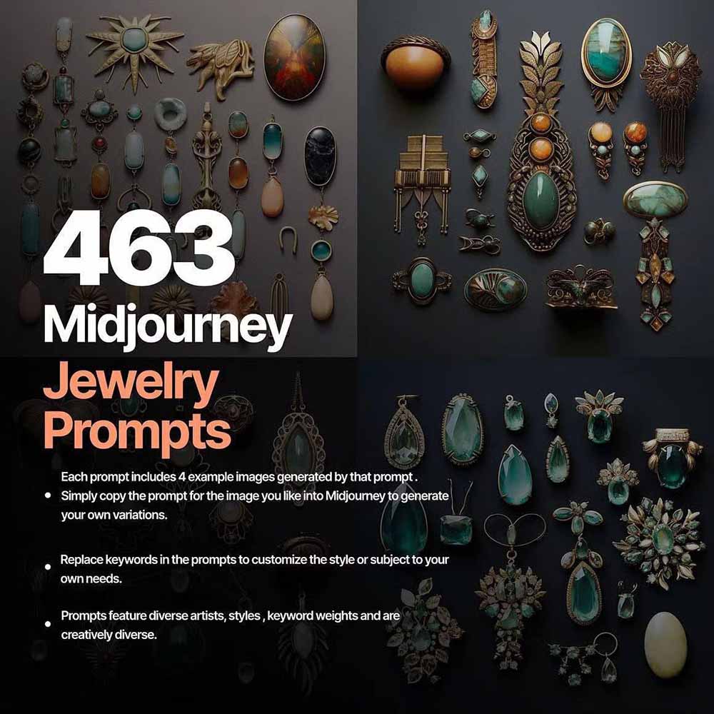 图片[3]-460+专业Midjourney珠宝摄影AI提示词+成效果图，戒指/项链/耳环/手链/宝石/及奢侈配饰等全品类-副业网