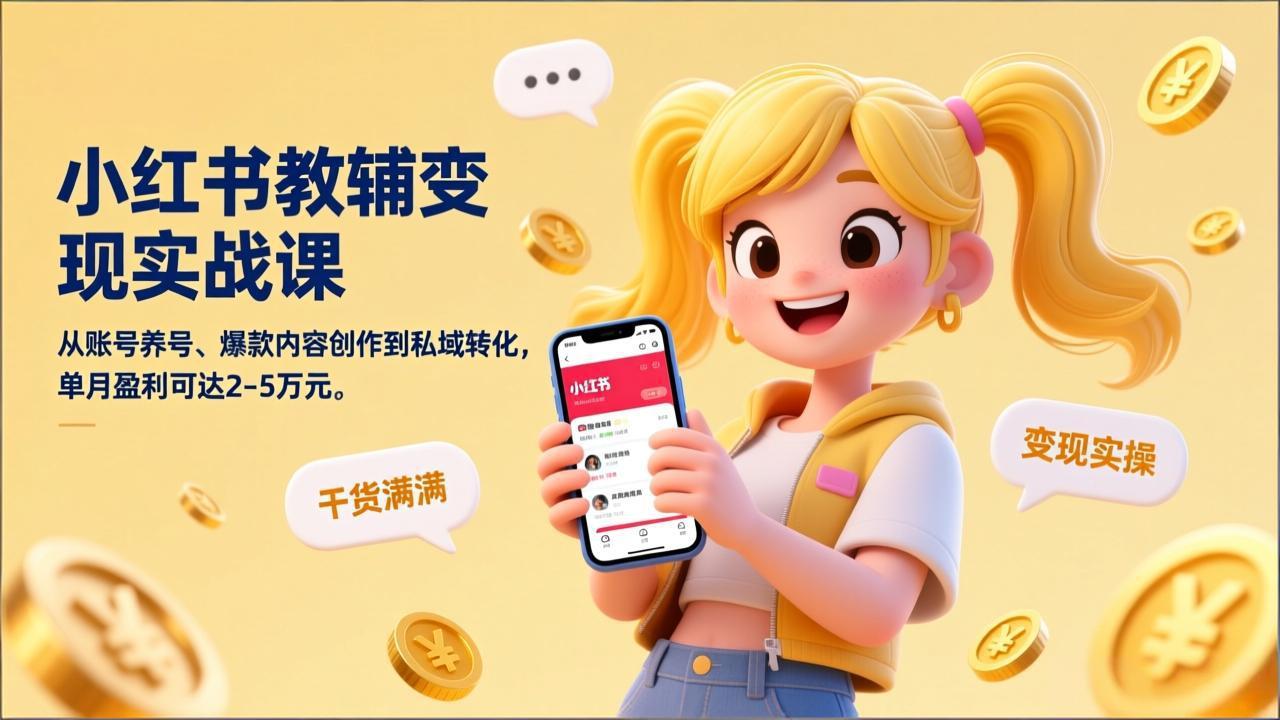 小红书教辅变现实战课，从账号养号、爆款内容创作到私域转化，单月盈利可达2-5万元-副业网